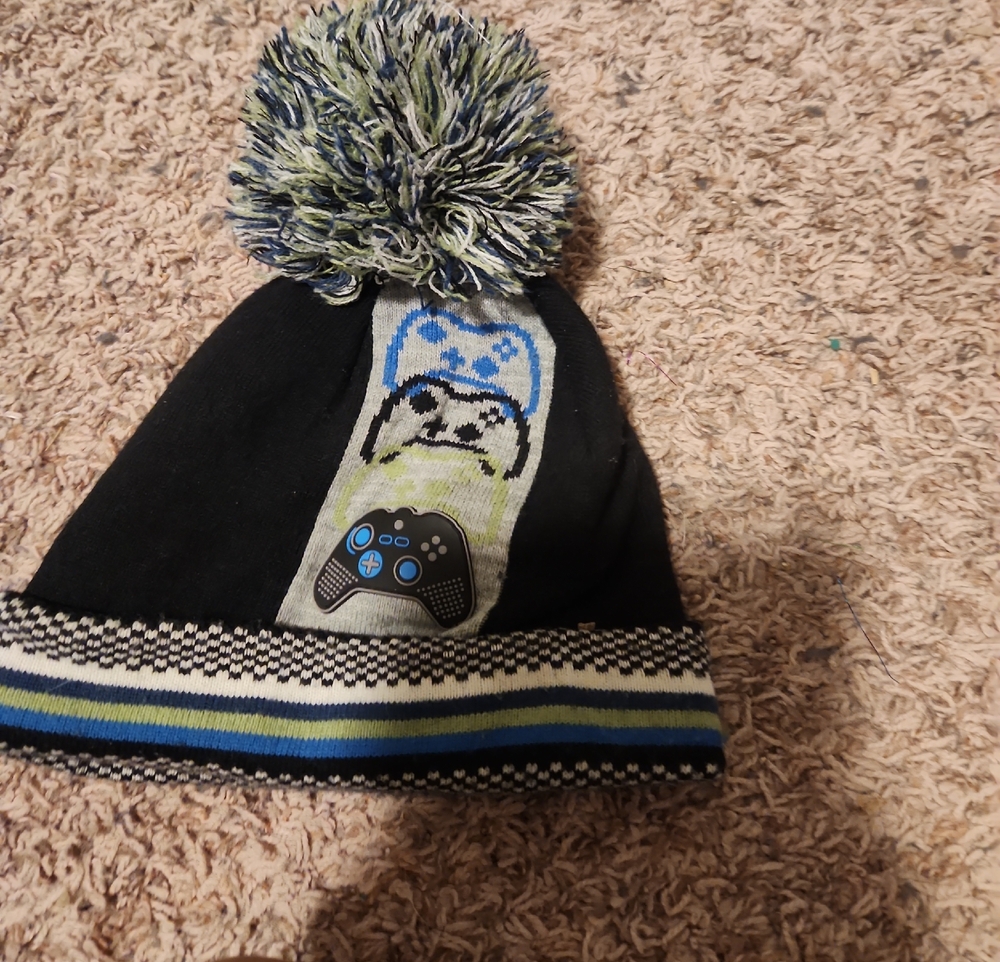 The Children's Place Black Knit Pom Pom Hat with Game Controller Accent